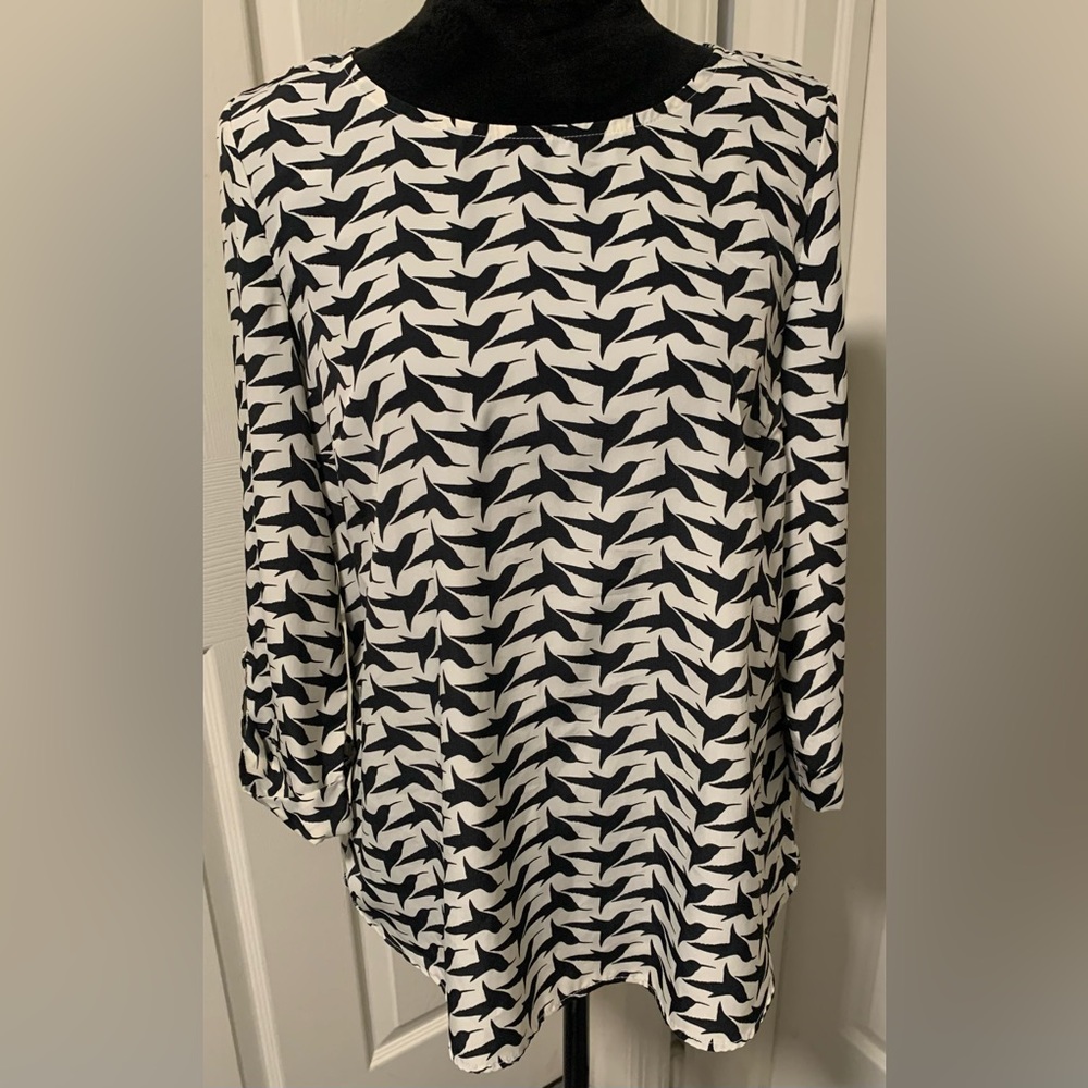 Pixley Bird Print Blouse Black & White Long Sleeve Size Medium